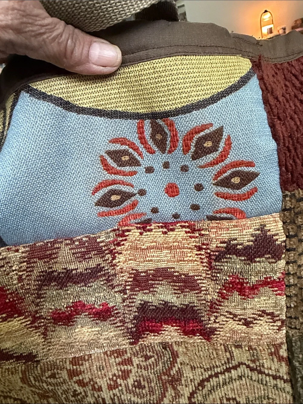 Patchwork Tapestry Tote Bag in Red, Brown, Blue